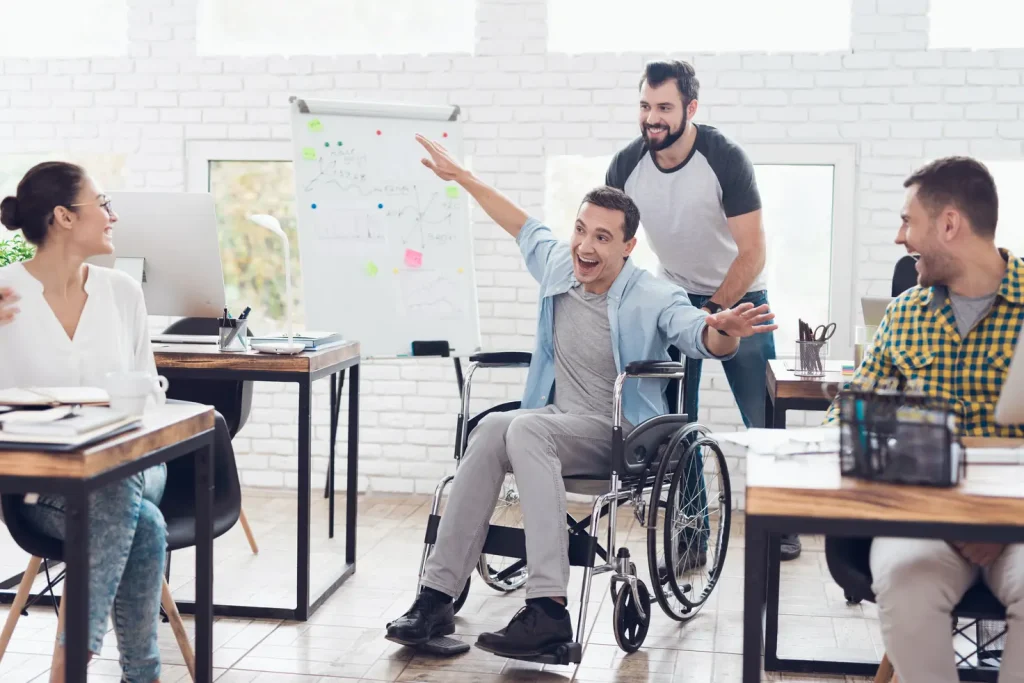 man pushing his disabled friend on wheel chair and having fun together